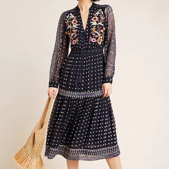 Maeve by Anthropology Cassidy Dress Navy Polka Dot Embroidered Flower Size 2 - Picture 1 of 6